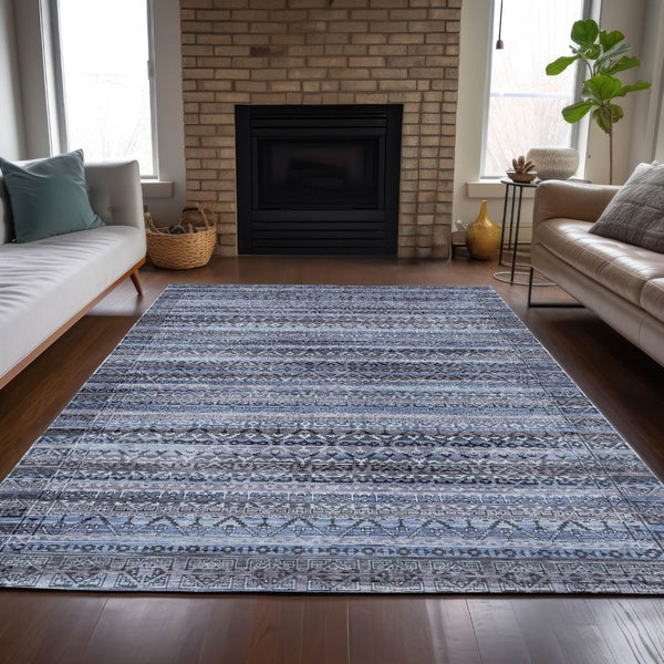 HomeRoots 5' Blue and Charcoal Striped Washable Area Rug for Indoor and Outdoor Use – Durable and Stylish! 8' X 10' 631488