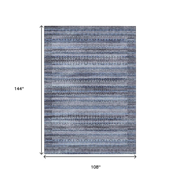 HomeRoots 5' Blue and Charcoal Striped Washable Area Rug for Indoor and Outdoor Use – Durable and Stylish! 9' X 12' 631489