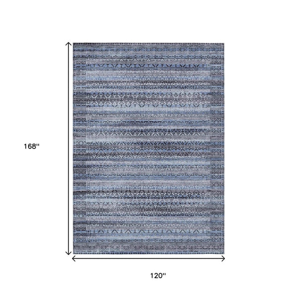 HomeRoots 5' Blue and Charcoal Striped Washable Area Rug for Indoor and Outdoor Use – Durable and Stylish! 10' X 14' 631490
