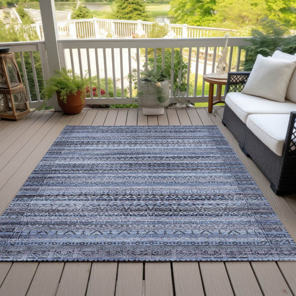 HomeRoots 5' Blue and Charcoal Striped Washable Area Rug for Indoor and Outdoor Use – Durable and Stylish! 10' X 14' 631490