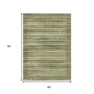 HomeRoots 5' Stylish Green and Beige Striped Washable Area Rug for Indoor or Outdoor High-Traffic Spaces 5' X 8' 631492