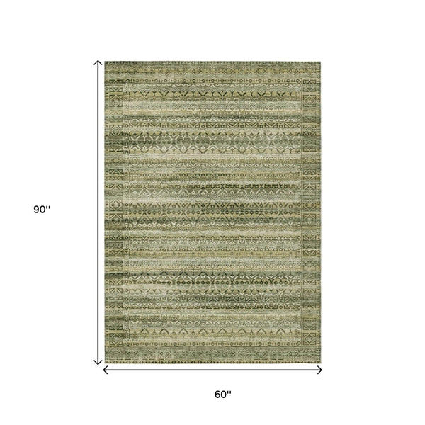 HomeRoots 5' Stylish Green and Beige Striped Washable Area Rug for Indoor or Outdoor High-Traffic Spaces 5' X 8' 631492