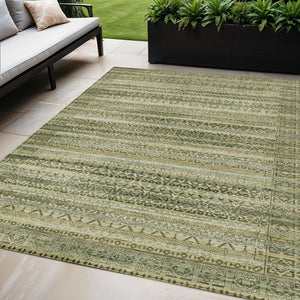 HomeRoots 5' Stylish Green and Beige Striped Washable Area Rug for Indoor or Outdoor High-Traffic Spaces 5' X 8' 631492