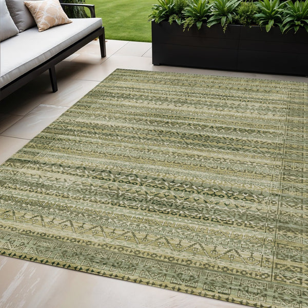 HomeRoots 5' Stylish Green and Beige Striped Washable Area Rug for Indoor or Outdoor High-Traffic Spaces 5' X 8' 631492