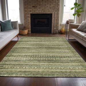 HomeRoots 5' Stylish Green and Beige Striped Washable Area Rug for Indoor or Outdoor High-Traffic Spaces 5' X 8' 631492