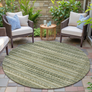 HomeRoots 5' Stylish Green and Beige Striped Washable Area Rug for Indoor or Outdoor High-Traffic Spaces 8' Round 631493