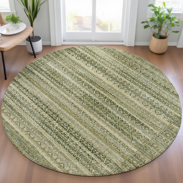 HomeRoots 5' Stylish Green and Beige Striped Washable Area Rug for Indoor or Outdoor High-Traffic Spaces 8' Round 631493