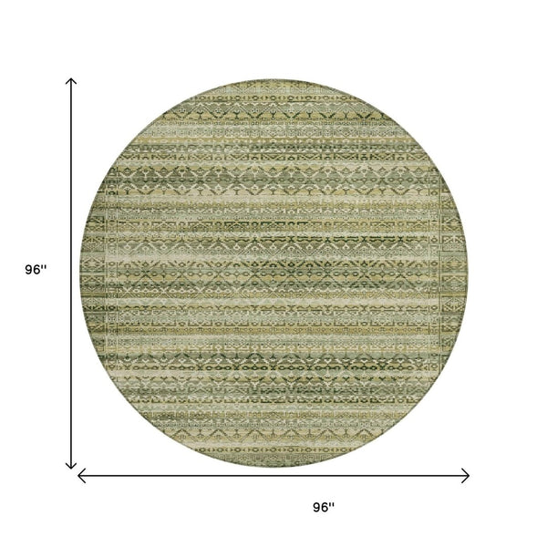 HomeRoots 5' Stylish Green and Beige Striped Washable Area Rug for Indoor or Outdoor High-Traffic Spaces 8' Round 631493