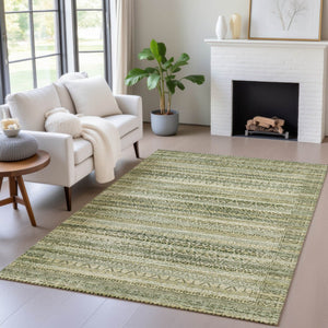 HomeRoots 5' Stylish Green and Beige Striped Washable Area Rug for Indoor or Outdoor High-Traffic Spaces 8' X 10' 631494