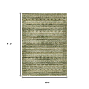 HomeRoots 5' Stylish Green and Beige Striped Washable Area Rug for Indoor or Outdoor High-Traffic Spaces 9' X 12' 631495