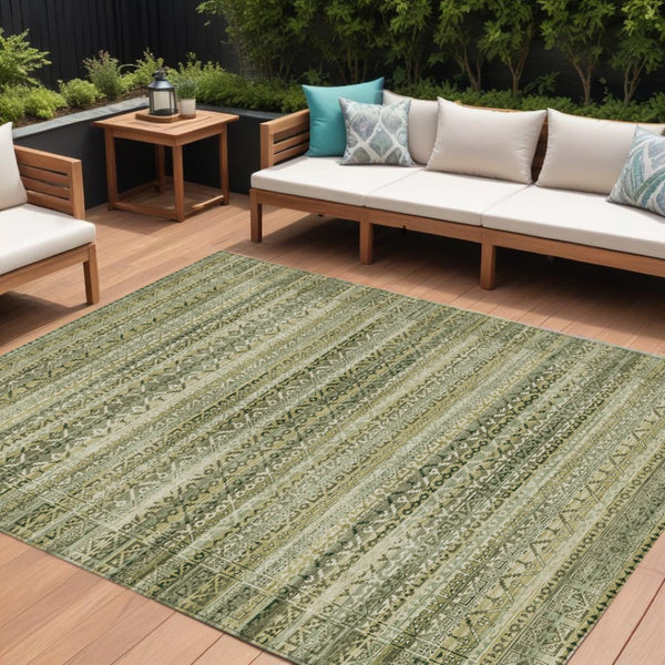 HomeRoots 5' Stylish Green and Beige Striped Washable Area Rug for Indoor or Outdoor High-Traffic Spaces 9' X 12' 631495