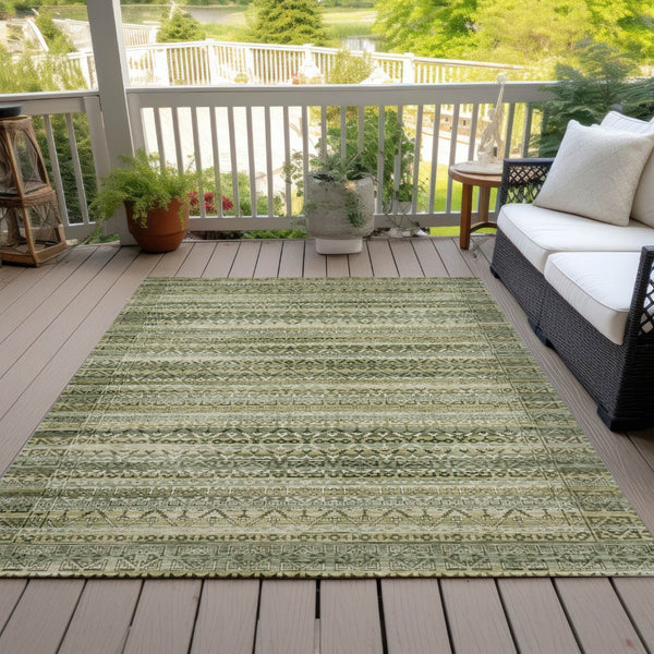 HomeRoots 5' Stylish Green and Beige Striped Washable Area Rug for Indoor or Outdoor High-Traffic Spaces 10' X 14' 631496