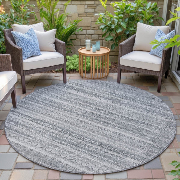 HomeRoots 5' Gray and Silver Striped Indoor Outdoor Area Rug - Stylish, Washable, and Stain-Resistant Design 8' Round 631499