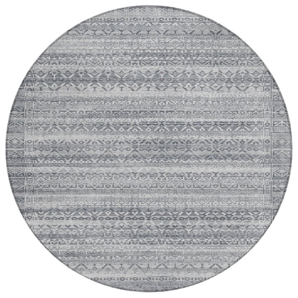HomeRoots 5' Gray and Silver Striped Indoor Outdoor Area Rug - Stylish, Washable, and Stain-Resistant Design 8' Round 631499