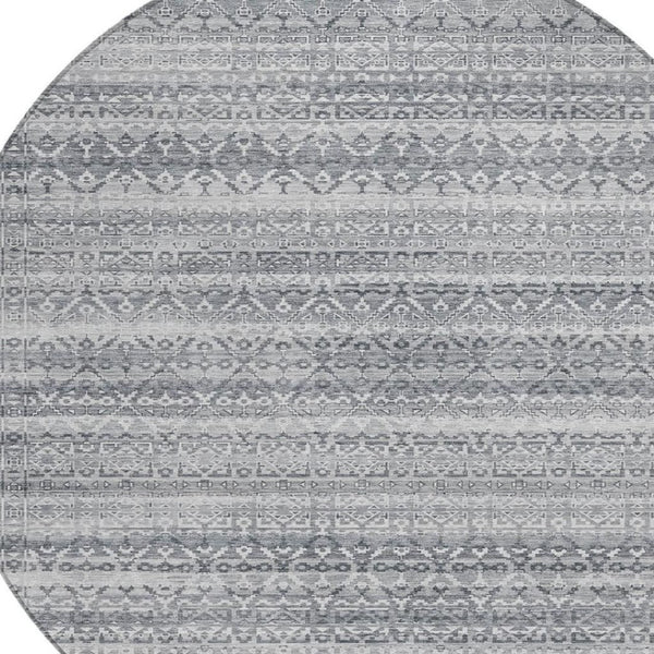 HomeRoots 5' Gray and Silver Striped Indoor Outdoor Area Rug - Stylish, Washable, and Stain-Resistant Design 8' Round 631499