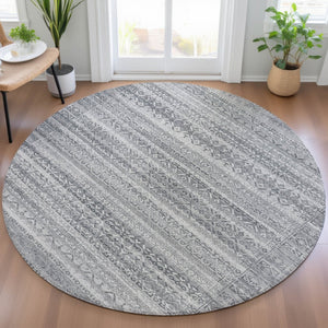 HomeRoots 5' Gray and Silver Striped Indoor Outdoor Area Rug - Stylish, Washable, and Stain-Resistant Design 8' Round 631499