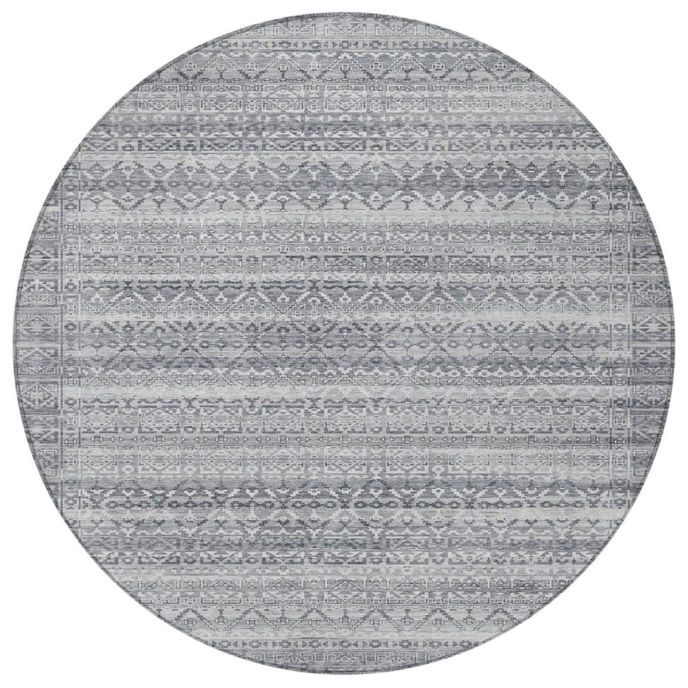 HomeRoots 5' Gray and Silver Striped Indoor Outdoor Area Rug - Stylish, Washable, and Stain-Resistant Design 8' Round 631499