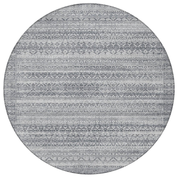 HomeRoots 5' Gray and Silver Striped Indoor Outdoor Area Rug - Stylish, Washable, and Stain-Resistant Design 8' Round 631499