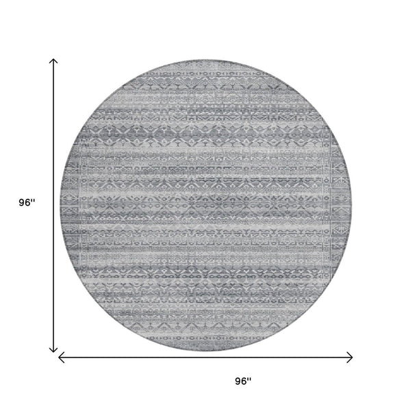 HomeRoots 5' Gray and Silver Striped Indoor Outdoor Area Rug - Stylish, Washable, and Stain-Resistant Design 8' Round 631499