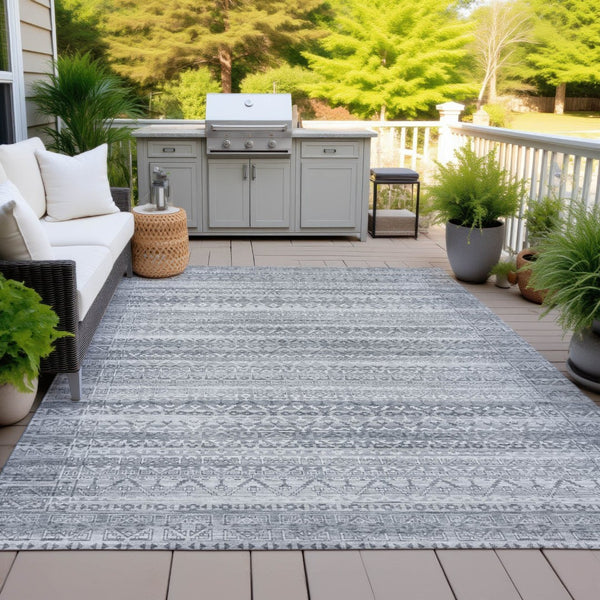 HomeRoots 5' Gray and Silver Striped Indoor Outdoor Area Rug - Stylish, Washable, and Stain-Resistant Design 9' X 12' 631501