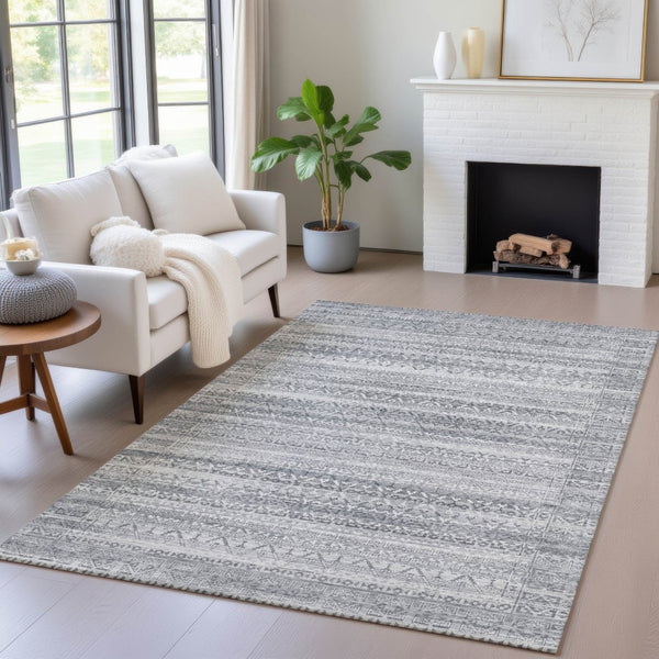 HomeRoots 5' Gray and Silver Striped Indoor Outdoor Area Rug - Stylish, Washable, and Stain-Resistant Design 9' X 12' 631501