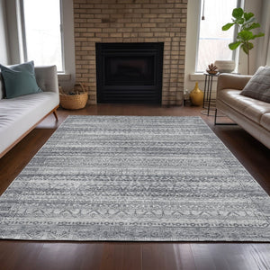 HomeRoots 5' Gray and Silver Striped Indoor Outdoor Area Rug - Stylish, Washable, and Stain-Resistant Design 9' X 12' 631501