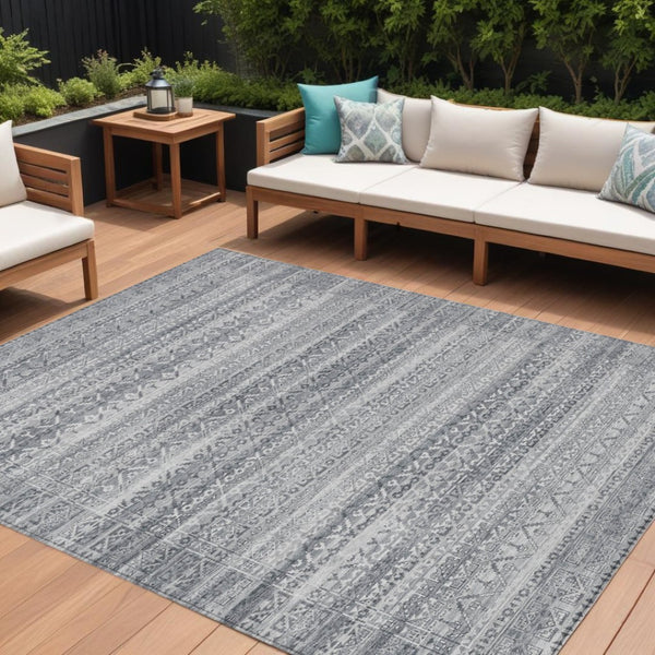 HomeRoots 5' Gray and Silver Striped Indoor Outdoor Area Rug - Stylish, Washable, and Stain-Resistant Design 10' X 14' 631502