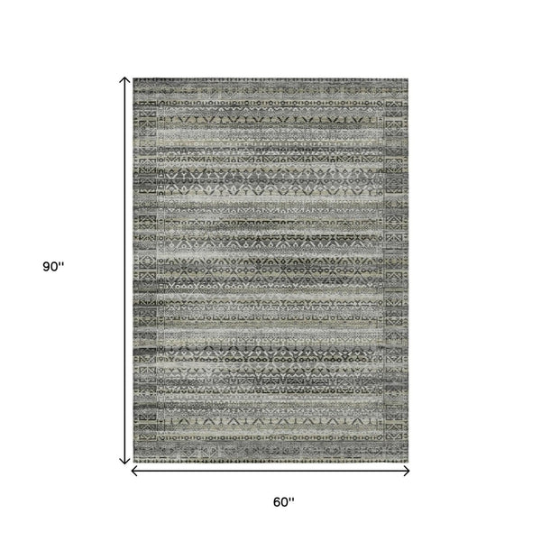 HomeRoots 5' Durable Pewter and Charcoal Striped Area Rug - Machine Washable for Indoor and Outdoor Use 5' X 8' 631504
