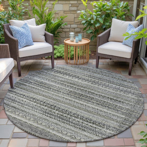 HomeRoots 5' Durable Pewter and Charcoal Striped Area Rug - Machine Washable for Indoor and Outdoor Use 8' Round 631505