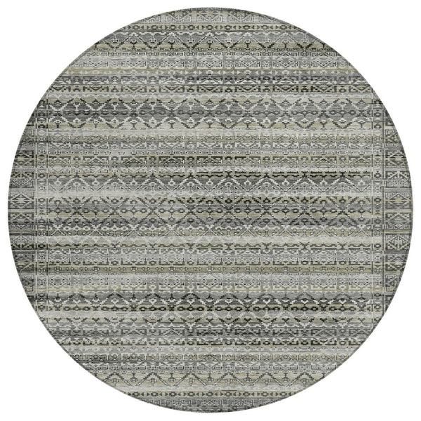 HomeRoots 5' Durable Pewter and Charcoal Striped Area Rug - Machine Washable for Indoor and Outdoor Use 8' Round 631505