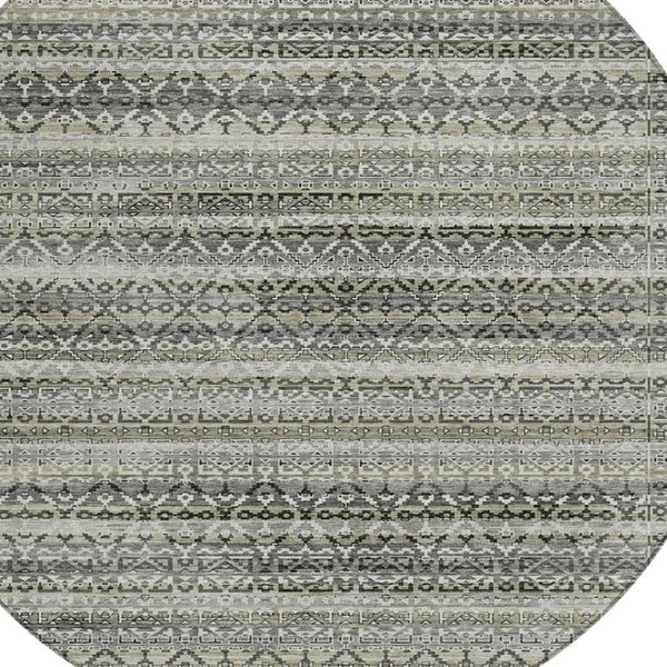 HomeRoots 5' Durable Pewter and Charcoal Striped Area Rug - Machine Washable for Indoor and Outdoor Use 8' Round 631505