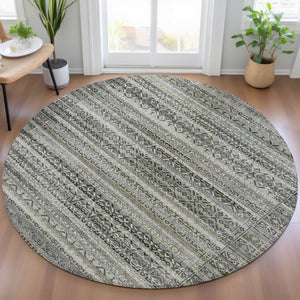 HomeRoots 5' Durable Pewter and Charcoal Striped Area Rug - Machine Washable for Indoor and Outdoor Use 8' Round 631505
