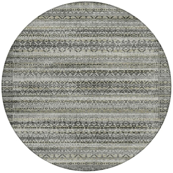 HomeRoots 5' Durable Pewter and Charcoal Striped Area Rug - Machine Washable for Indoor and Outdoor Use 8' Round 631505