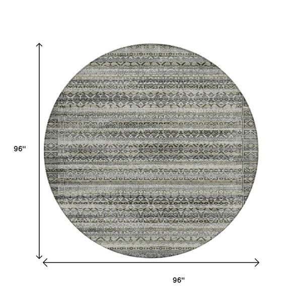 HomeRoots 5' Durable Pewter and Charcoal Striped Area Rug - Machine Washable for Indoor and Outdoor Use 8' Round 631505