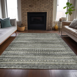HomeRoots 5' Durable Pewter and Charcoal Striped Area Rug - Machine Washable for Indoor and Outdoor Use 8' X 10' 631506