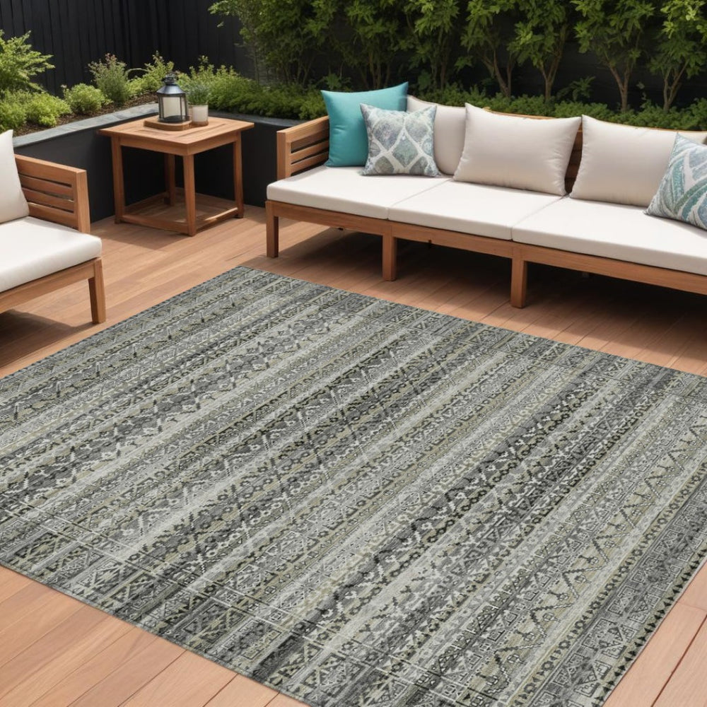 HomeRoots 5' Durable Pewter and Charcoal Striped Area Rug - Machine Washable for Indoor and Outdoor Use 9' X 12' 631507