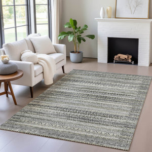 HomeRoots 5' Durable Pewter and Charcoal Striped Area Rug - Machine Washable for Indoor and Outdoor Use 9' X 12' 631507