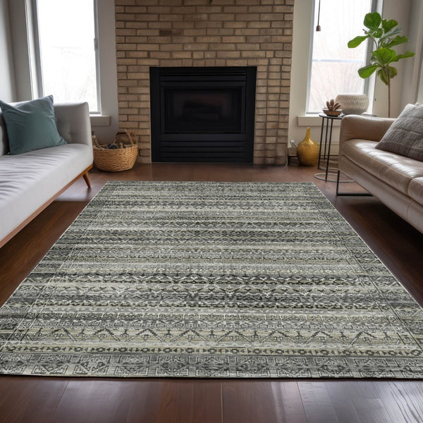 HomeRoots 5' Durable Pewter and Charcoal Striped Area Rug - Machine Washable for Indoor and Outdoor Use 9' X 12' 631507