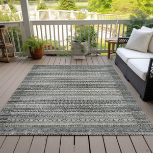 HomeRoots 5' Durable Pewter and Charcoal Striped Area Rug - Machine Washable for Indoor and Outdoor Use 10' X 14' 631508