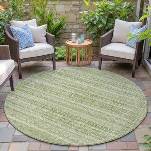 HomeRoots 5' Sage and Ivory Striped Area Rug - Durable, Washable Design for Indoor and Outdoor Spaces 8' Round 631511