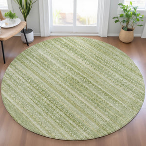 HomeRoots 5' Sage and Ivory Striped Area Rug - Durable, Washable Design for Indoor and Outdoor Spaces 8' Round 631511