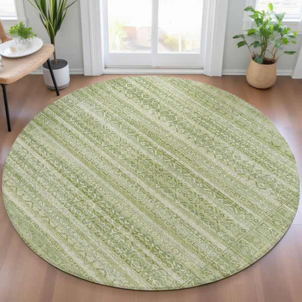 HomeRoots 5' Sage and Ivory Striped Area Rug - Durable, Washable Design for Indoor and Outdoor Spaces 8' Round 631511