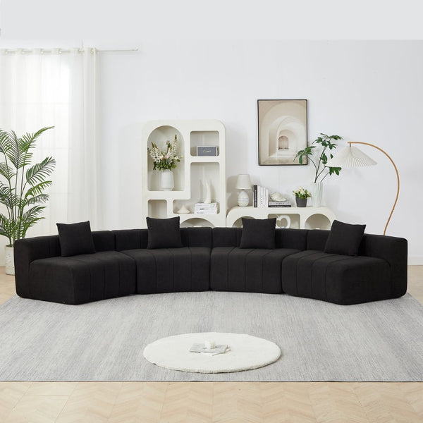 English Elm Two Curved Chenille Sectional Sofa with Sculptural Modular Design and Four Throw Pillows Black W834S00579