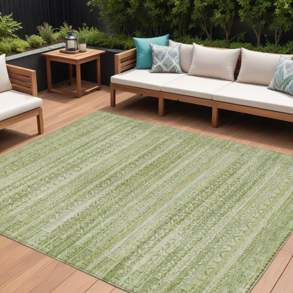 HomeRoots 5' Sage and Ivory Striped Area Rug - Durable, Washable Design for Indoor and Outdoor Spaces 10' X 14' 631514
