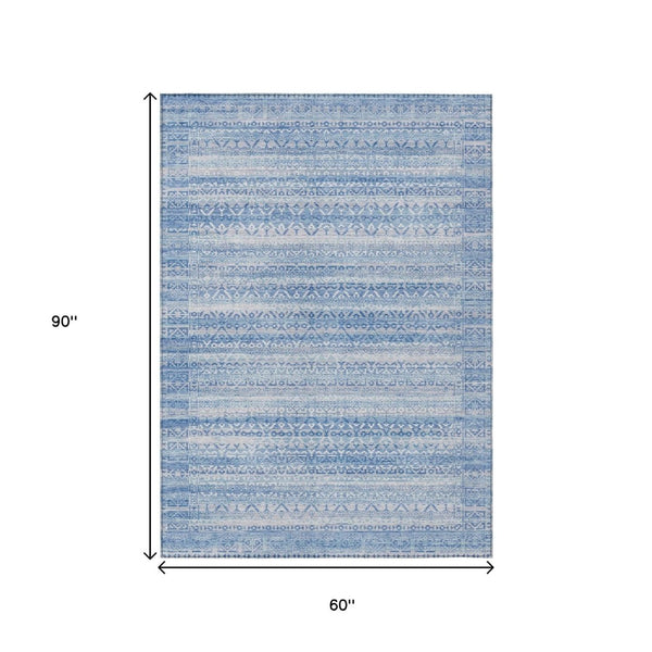 HomeRoots 5' Sky Blue and Ivory Striped Indoor Outdoor Area Rug – Durable, Washable, Stylish Coastal Charm 5' X 8' 631516