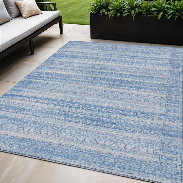 HomeRoots 5' Sky Blue and Ivory Striped Indoor Outdoor Area Rug – Durable, Washable, Stylish Coastal Charm 5' X 8' 631516