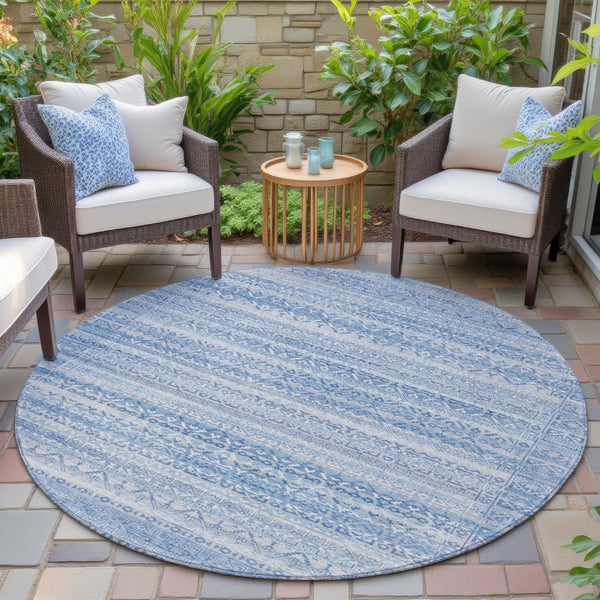 HomeRoots 5' Sky Blue and Ivory Striped Indoor Outdoor Area Rug – Durable, Washable, Stylish Coastal Charm 8' Round 631517