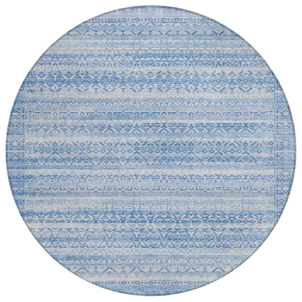 HomeRoots 5' Sky Blue and Ivory Striped Indoor Outdoor Area Rug – Durable, Washable, Stylish Coastal Charm 8' Round 631517