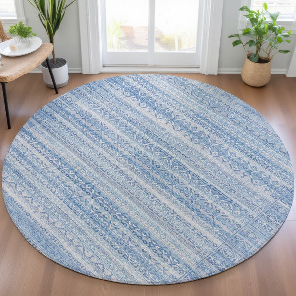 HomeRoots 5' Sky Blue and Ivory Striped Indoor Outdoor Area Rug – Durable, Washable, Stylish Coastal Charm 8' Round 631517