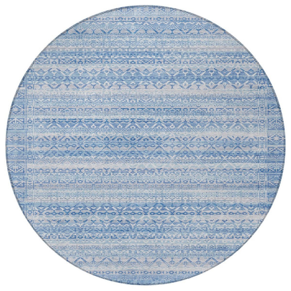 HomeRoots 5' Sky Blue and Ivory Striped Indoor Outdoor Area Rug – Durable, Washable, Stylish Coastal Charm 8' Round 631517